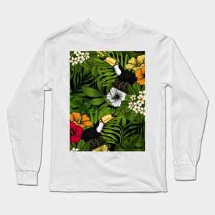 Toucans amd tropical flora, green, yellow, red and orange Long Sleeve T-Shirt